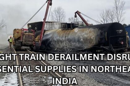 Freight train derailment causing supply chain disruption in Northeast India, blocking transportation routes for essential goods.