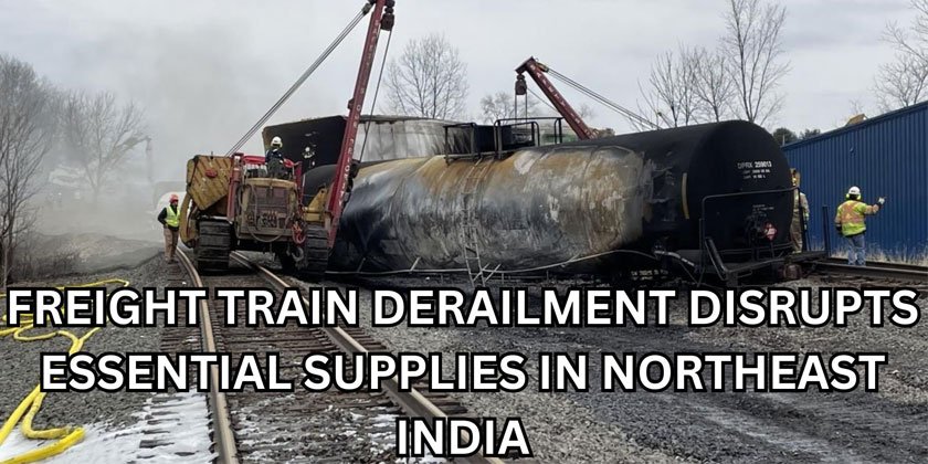 Freight train derailment causing supply chain disruption in Northeast India, blocking transportation routes for essential goods.