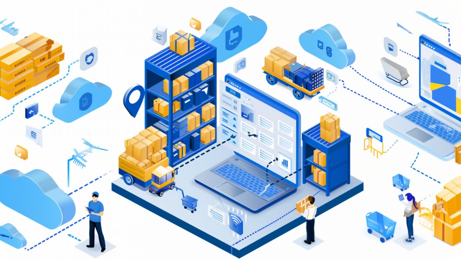 Illustration of retail logistics process showcasing delivery trucks, inventory systems, and customer interaction.