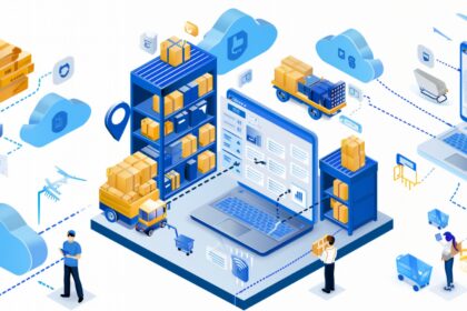 Illustration of retail logistics process showcasing delivery trucks, inventory systems, and customer interaction.