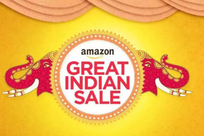 Amazon festive season shopping scene with diverse customers exploring online deals.