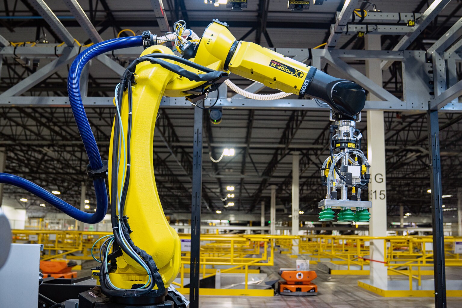 Amazon robots Cardinal and Sparrow working in a warehouse, automating tasks to improve efficiency and safety.