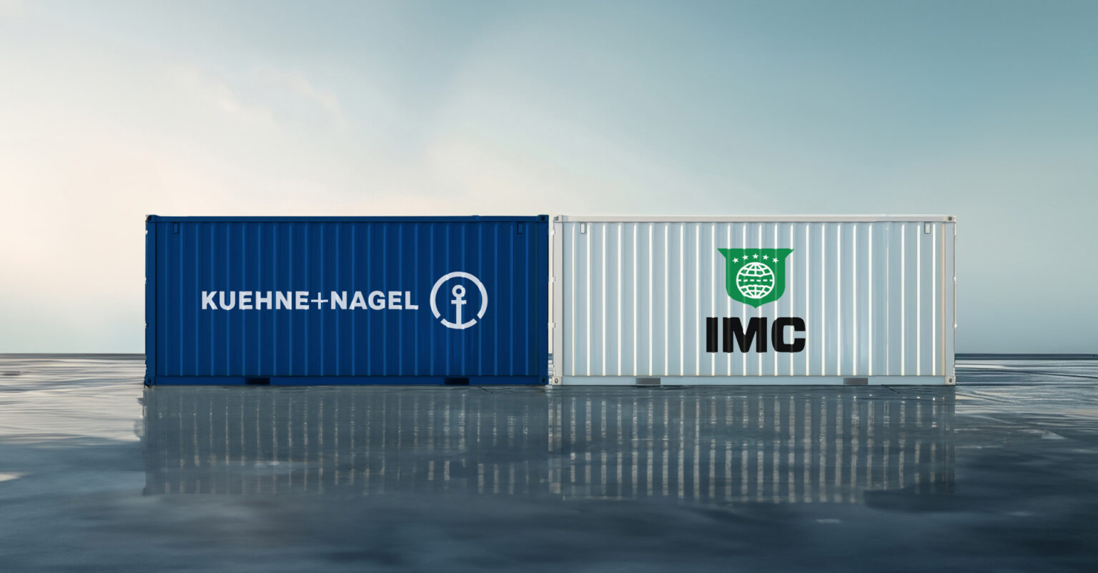 Kuehne + Nagel and IMC Logistics logos with shipping containers