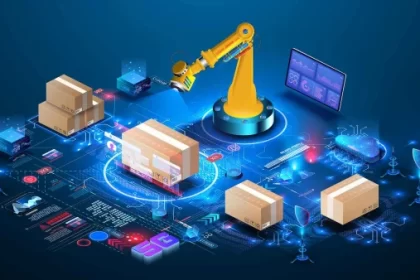 E-commerce supply chain technology with AI, robotics, and IoT integration for efficiency.