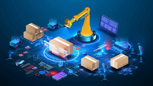 E-commerce supply chain technology with AI, robotics, and IoT integration for efficiency.