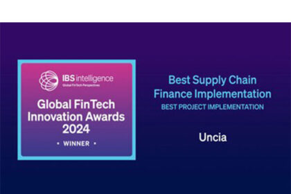 Uncia team receiving the Best Supply Chain Finance Award at the IBS Intelligence Global FinTech Innovation Awards 2024.