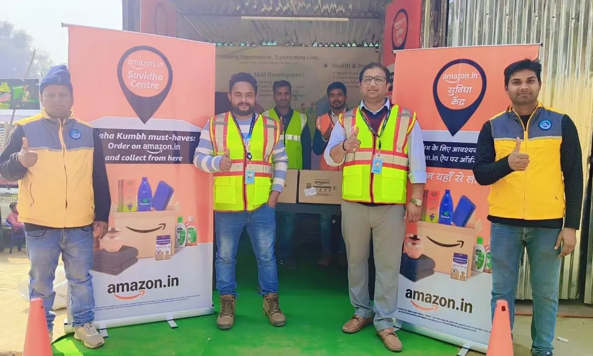 SCM Spectrum - Amazon Suvidha Kiosk at Maha Kumbh 2025 providing order pickups, returns, and essential supplies for pilgrims.