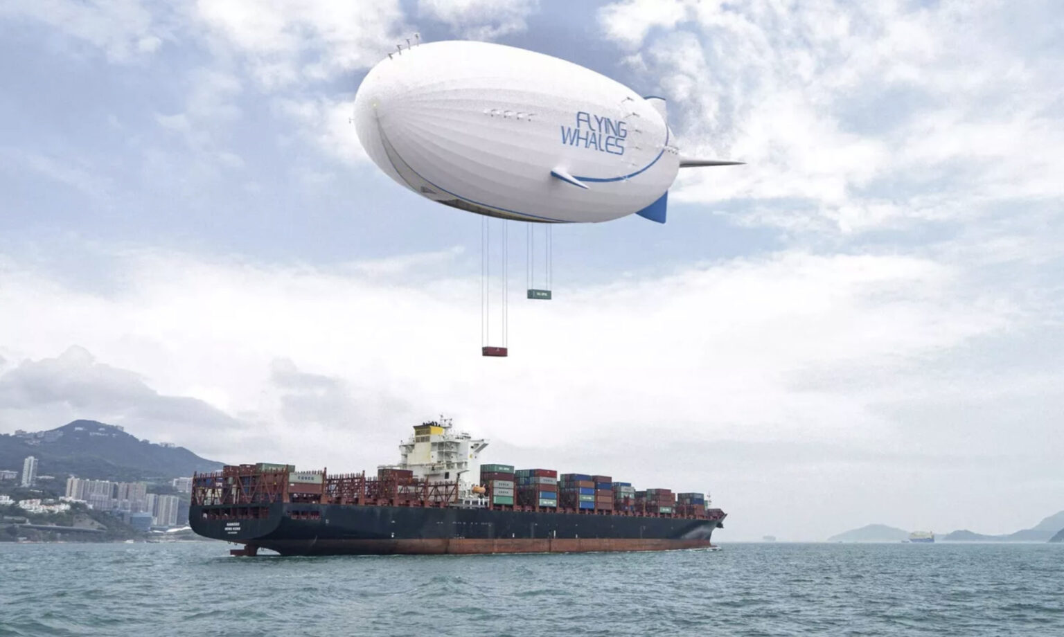 SCM Spectrum - Flying Whales LCA60T airship transporting heavy cargo to a remote location.