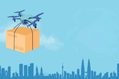 Autonomous delivery drone and ground bot transporting packages in a modern urban setting