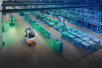 Digital twin dashboard visualizing real-time warehouse operations and equipment data