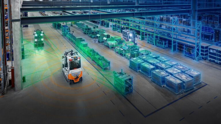 Digital twin dashboard visualizing real-time warehouse operations and equipment data
