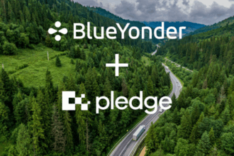 SCM SPECTRUM - Blue Yonder logo with Pledge logo symbolizing the acquisition for carbon emissions reporting.