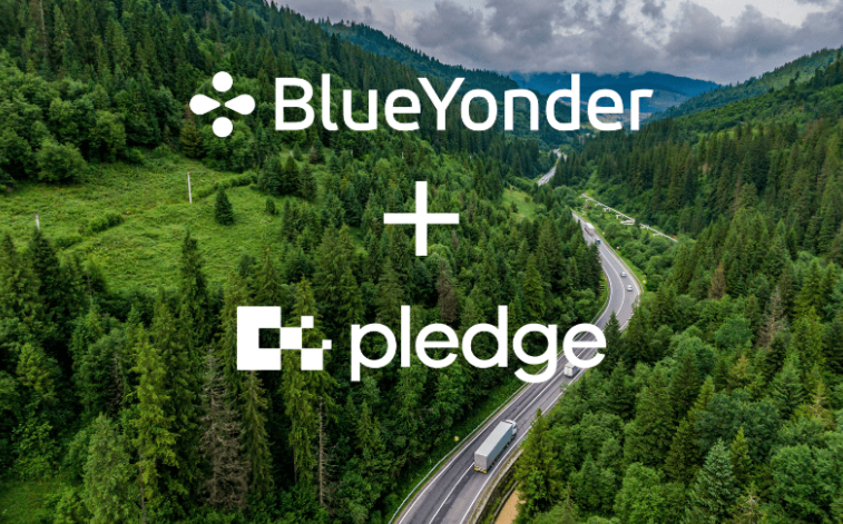 SCM SPECTRUM - Blue Yonder logo with Pledge logo symbolizing the acquisition for carbon emissions reporting.