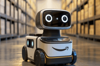 Amazon warehouse robots and AI technology optimizing package delivery