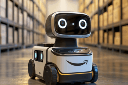 Amazon warehouse robots and AI technology optimizing package delivery