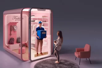 Delivery person handing over a fashion package to a smiling customer at home, symbolizing 30-minute fashion delivery.
