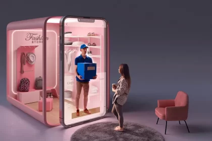 Delivery person handing over a fashion package to a smiling customer at home, symbolizing 30-minute fashion delivery.