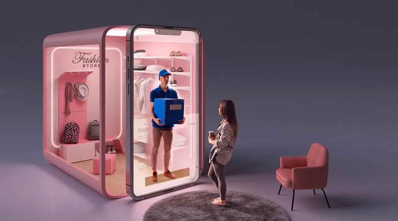 Delivery person handing over a fashion package to a smiling customer at home, symbolizing 30-minute fashion delivery.