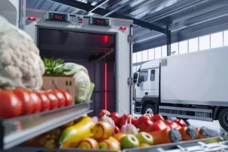 Technician loading temperature-sensitive goods into a refrigerated delivery vehicle.