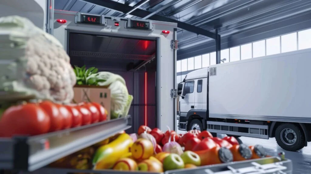 Technician loading temperature-sensitive goods into a refrigerated delivery vehicle.