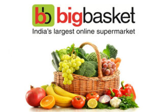 BigBasket delivery rider on a scooter, quick commerce, 10-minute food delivery, urban setting